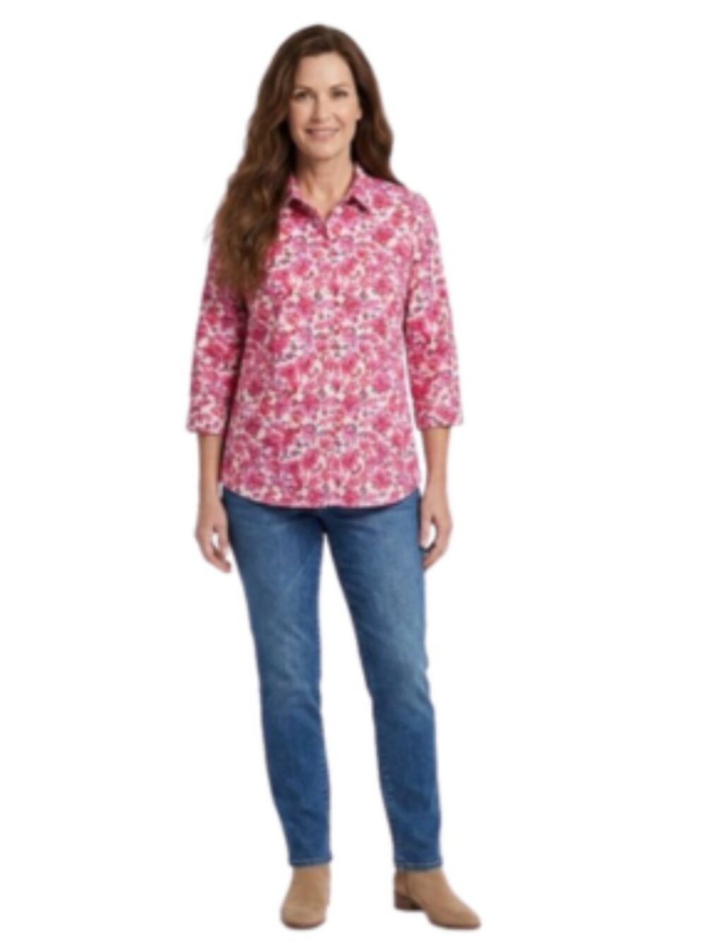 Land's End Women's Blouse Floral 3/4 Sleeve Button Down No Iron Woven Cotton, 16